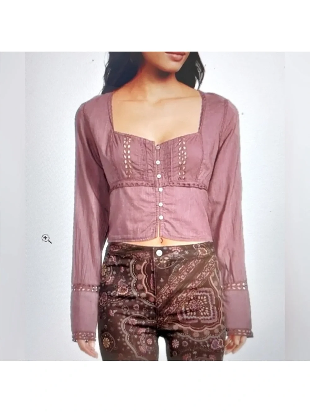 Free People Dusty Mauve Sweetheart Neckline Tiny Button Front Top Small NEW +Tag